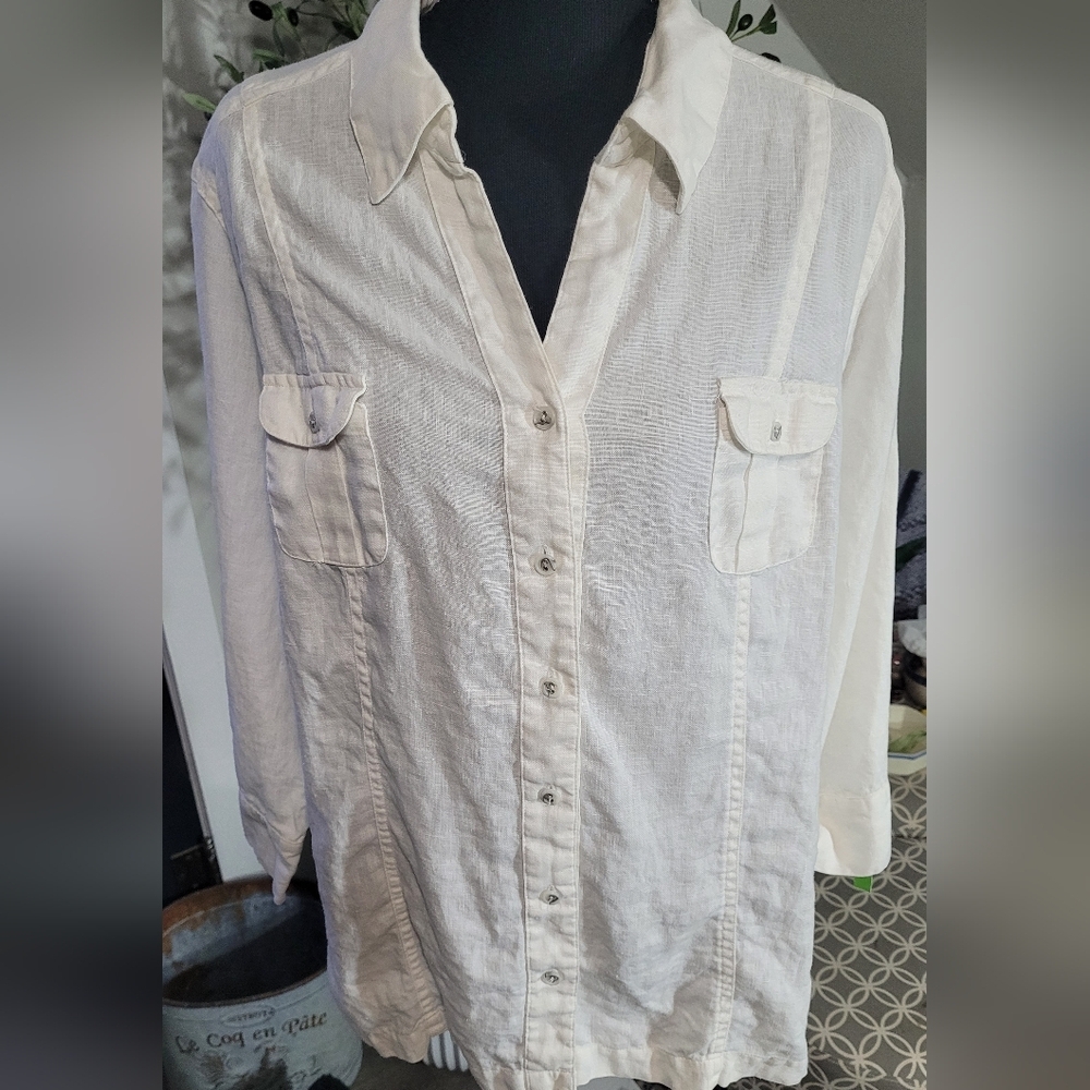 JM Collection White 100% Linen Blouse Button Down Shirt 16